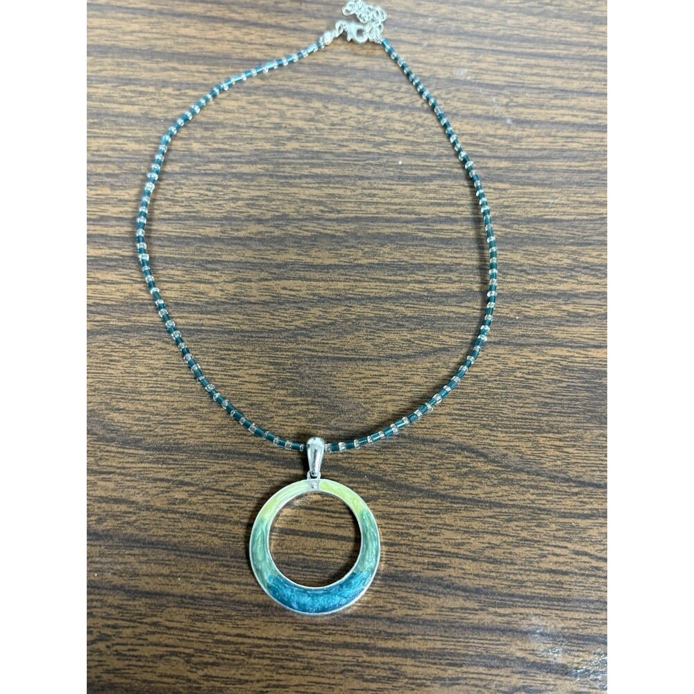 Modern Enamel Circle Pendant Necklace Green Blue Beaded Silver Tone J1